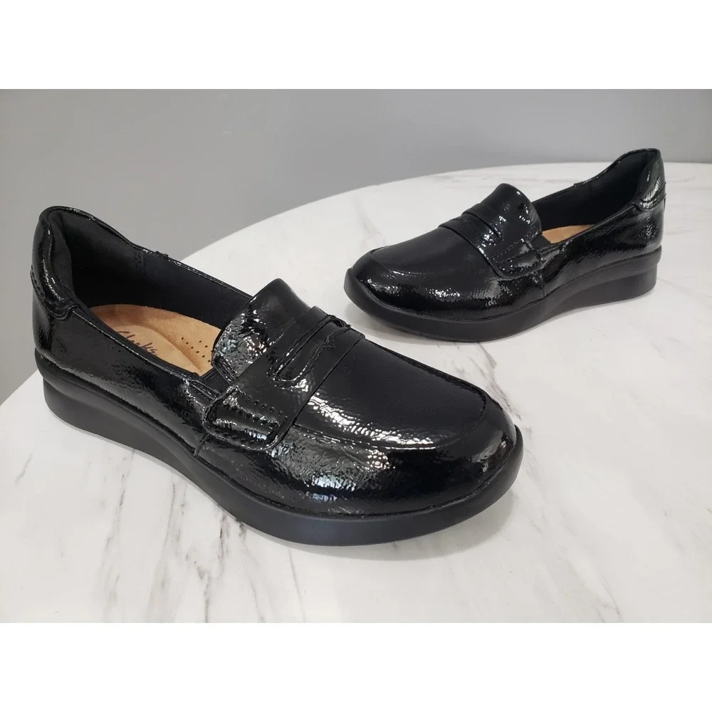 NEW NO BOX SIZE 6 CLARKS Ellowyn Penny Loafer Shoes Black Crinkle Patent LEATHER